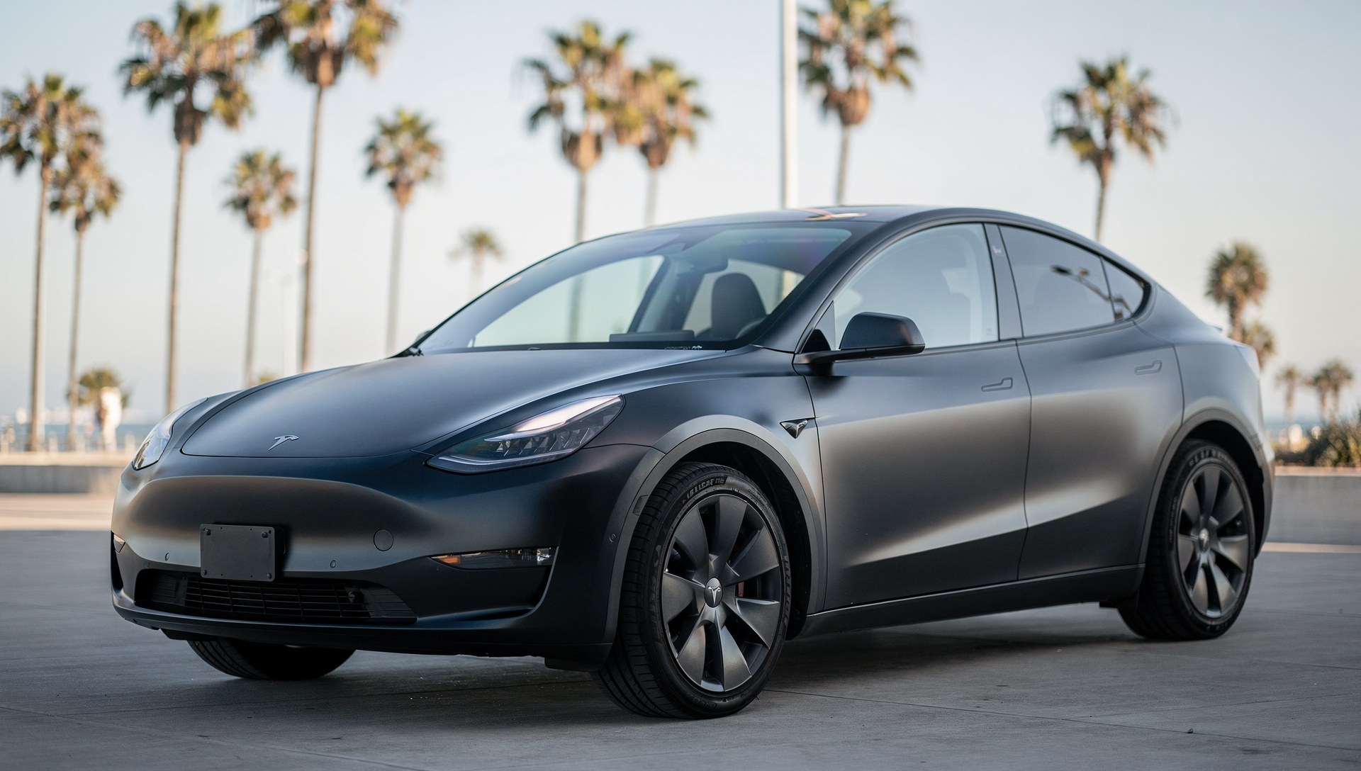 Satin wrapped Tesla Model Y in San Diego showing color change vinyl finish