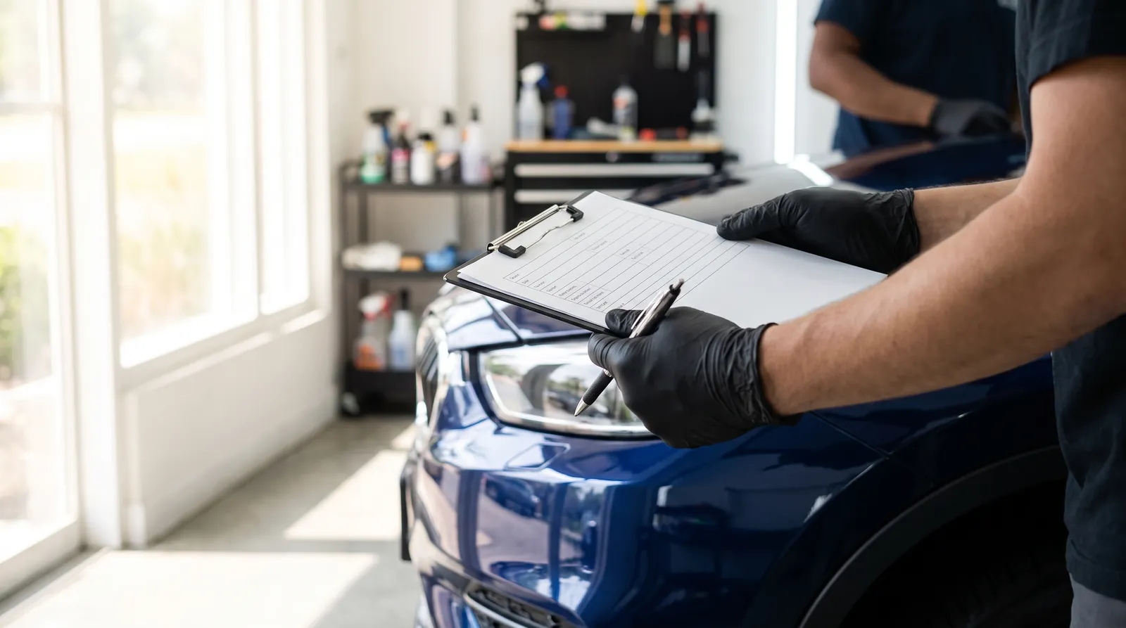 Installer reviewing a free car wrap estimate at the San Diego shop Installer reviewing a free car wrap estimate at the San Diego shop
