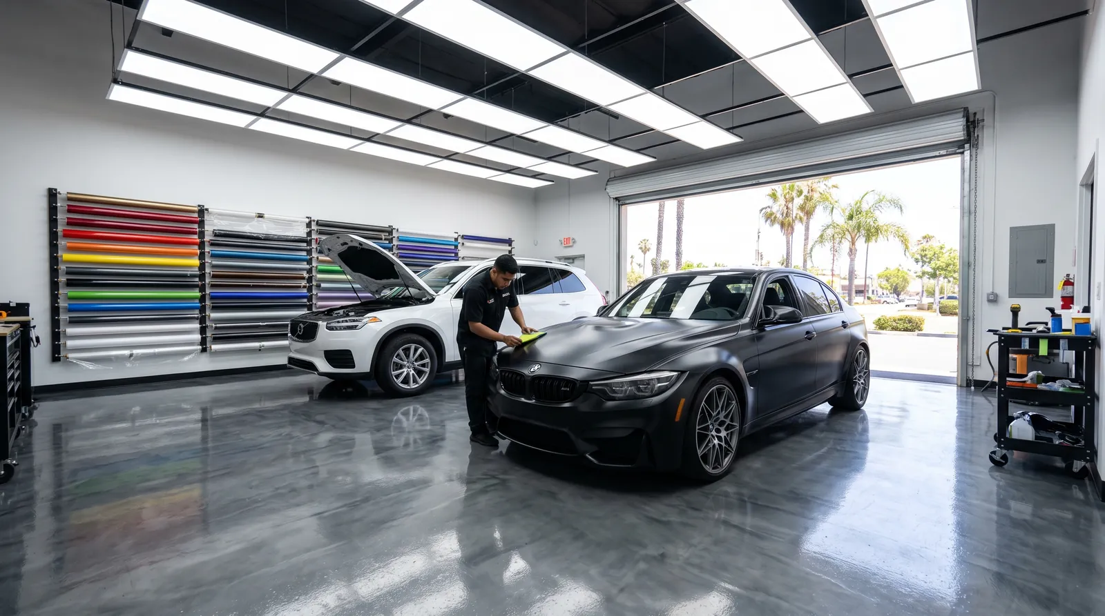 Car wrap and paint protection film shop in San Diego with vehicles in service Car wrap and paint protection film shop in San Diego with vehicles in service