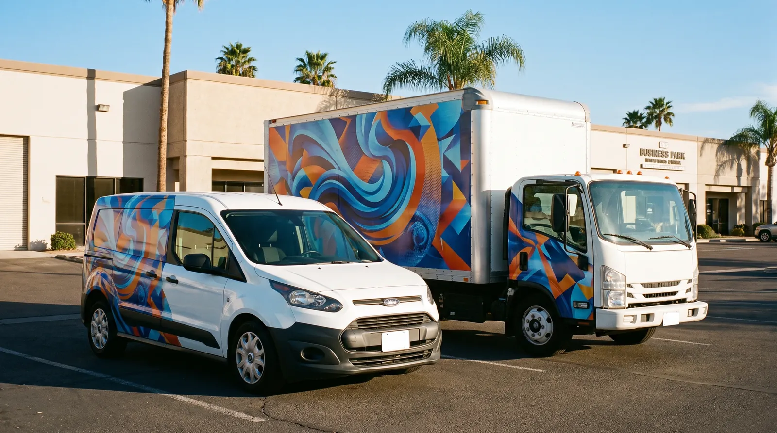 Commercial van and box truck with custom fleet wraps in San Diego Commercial van and box truck with custom fleet wraps in San Diego