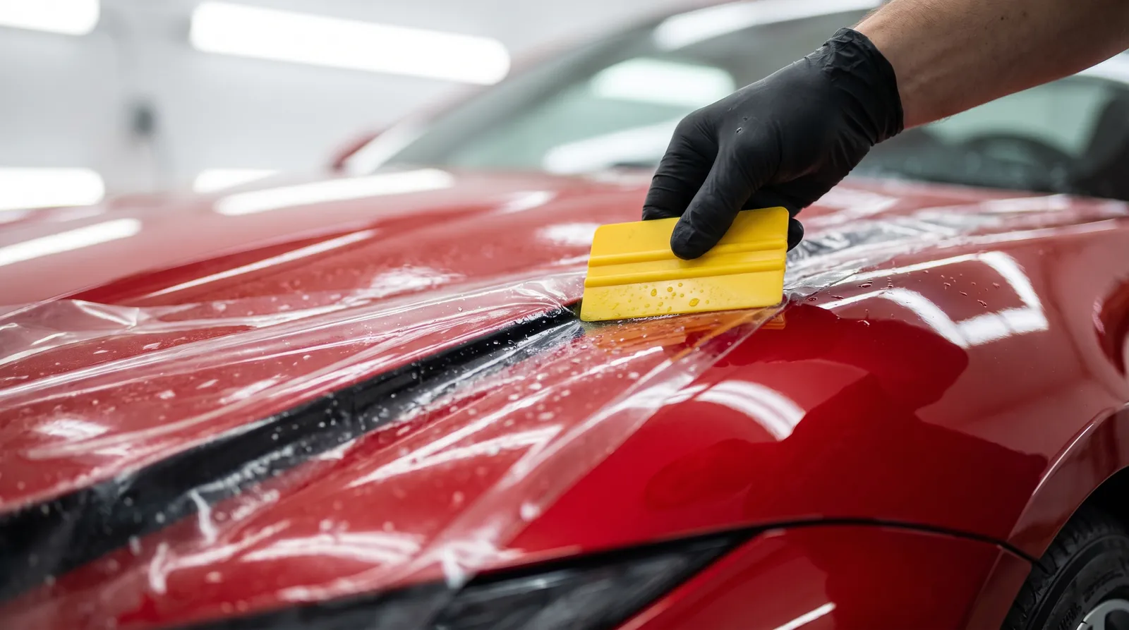 Technician installing clear paint protection film on a red car hood Technician installing clear paint protection film on a red car hood