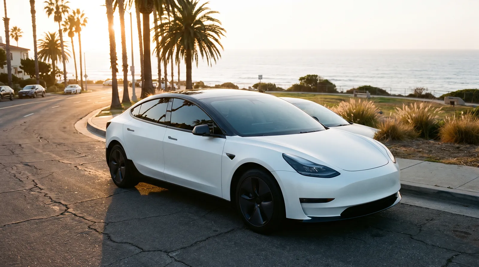 Tesla with satin white wrap and tinted windows on a San Diego coast road Tesla with satin white wrap and tinted windows on a San Diego coast road