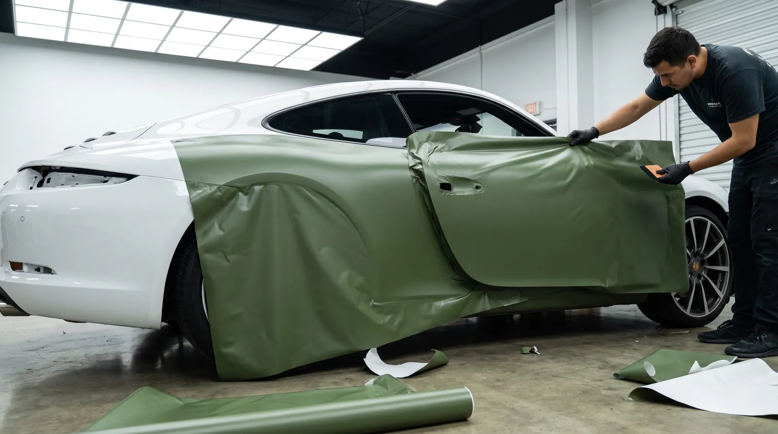 Installer applying satin green vinyl car wrap at a San Diego wrap shop Installer applying satin green vinyl car wrap at a San Diego wrap shop