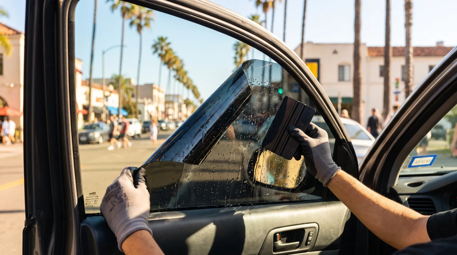 Window tint film being installed on a car side window in San Diego Window tint film being installed on a car side window in San Diego